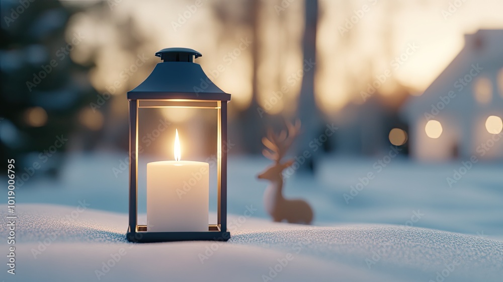 A glowing lantern with a candle illuminates a deer figurine amidst fresh snow, set against a beautiful winter forest backdrop. This captures the essence of Christmas joy A glowing lantern with a candle illuminates a deer figurine amidst fresh snow, set against a beautiful winter forest backdrop. This captures the essence of Christmas joy