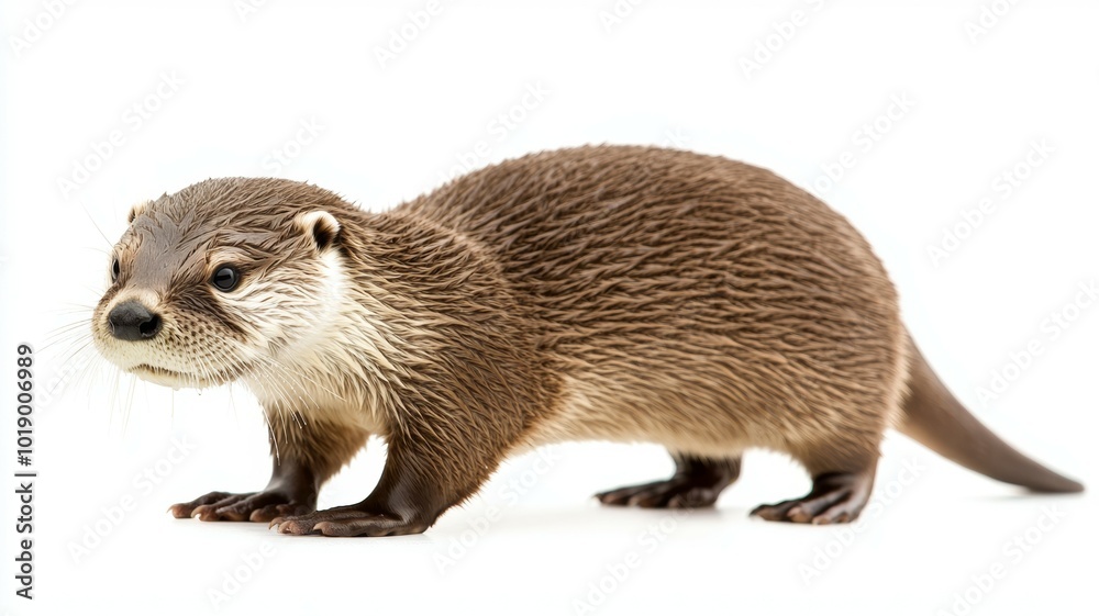 A playful river otter exploring on a white background during a wildlife photography session for education A playful river otter exploring on a white background during a wildlife photography session for education