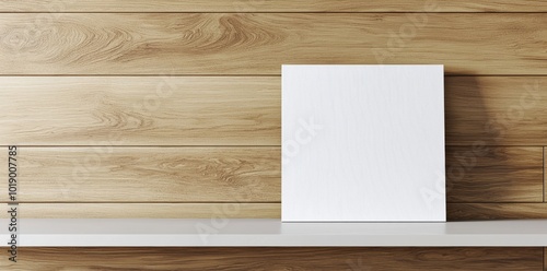 A minimalist interior with a blank canvas elevated on wood. 3D rendering