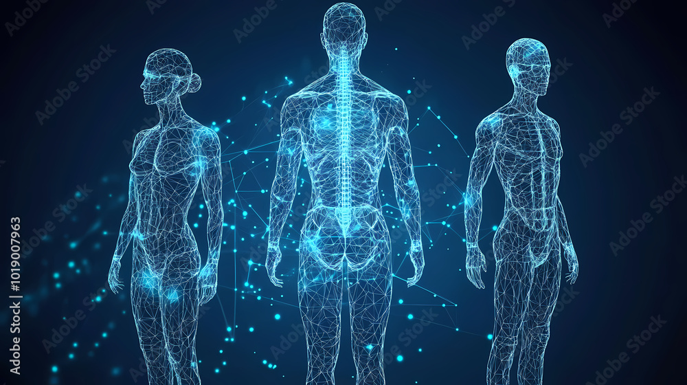 Human body science low poly wireframe technology on blue background. 3D Wireframe. Illustration Human body science low poly wireframe technology on blue background. 3D Wireframe. Illustration