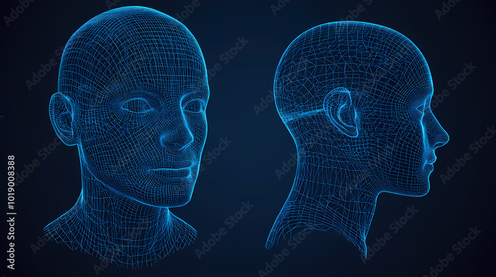 Human head 3d wireframe front and side view. 3D Wireframe. Illustration Human head 3d wireframe front and side view. 3D Wireframe. Illustration