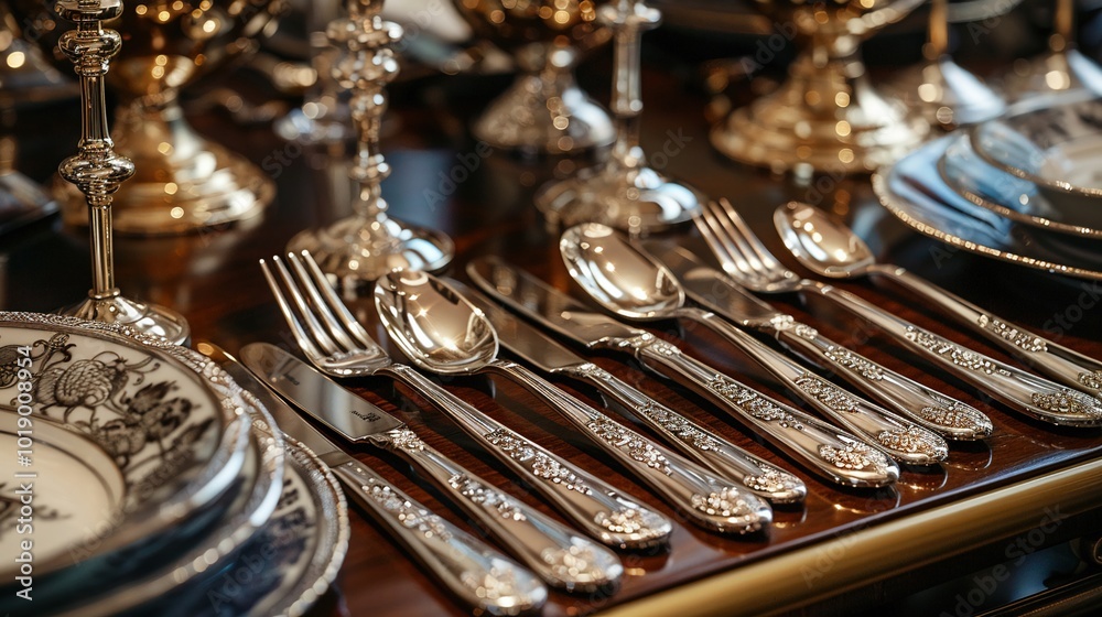 A traditional silver cutlery set displayed elegantly. A traditional silver cutlery set displayed elegantly.