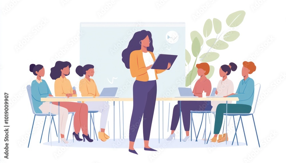 Woman presenting on a tablet to a group, illustrating teamwork and digital communication. Woman presenting on a tablet to a group, illustrating teamwork and digital communication.
