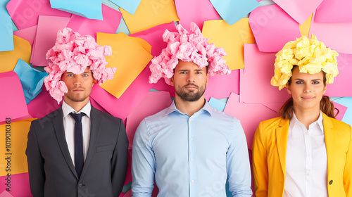The creative team of two men and two women embraces whimsy as they don colorful paper hats while posing amid a lively arrangement of vibrant notes, exuding playful energy