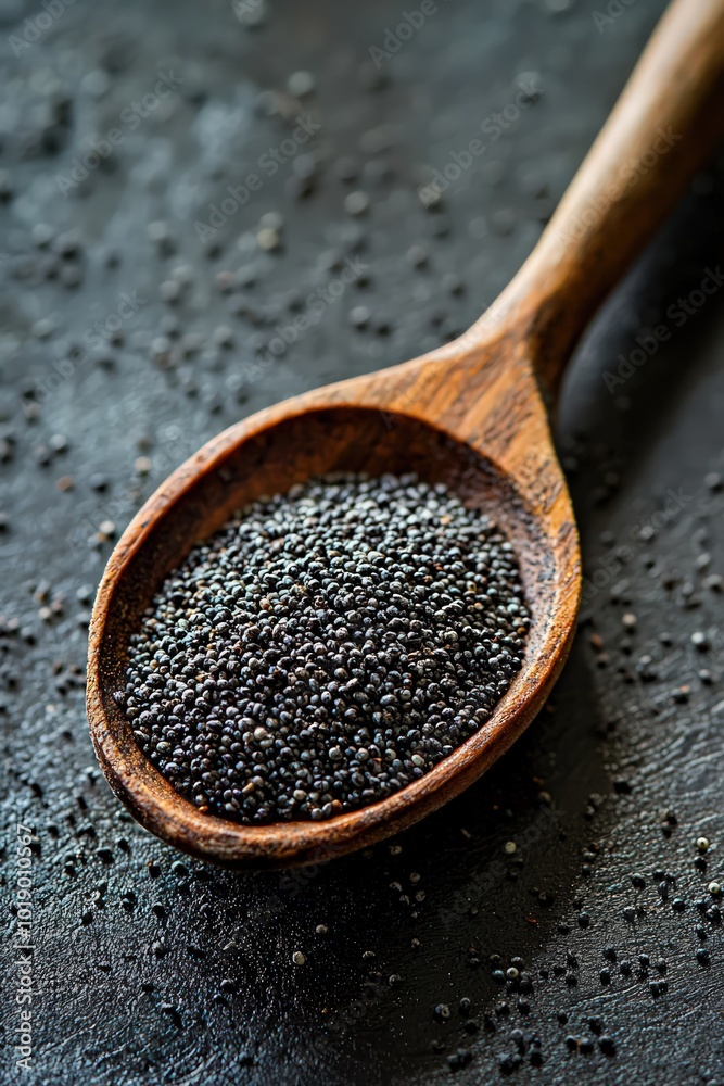 Wooden spoon holding poppy seeds, ready for culinary use. Wooden spoon holding poppy seeds, ready for culinary use.