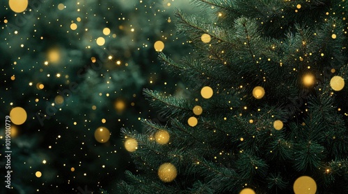 This close-up showcases a stunning Christmas tree adorned with golden bokeh lights, creating a warm atmosphere, ideal for holiday promotions or seasonal designs