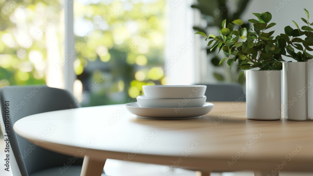 Contemporary dining setup with white plates and a green plant in a bright indoor space during daytime Contemporary dining setup with white plates and a green plant in a bright indoor space during daytime