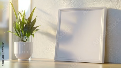 Bright indoor setting with a blank frame and potted plant on a wooden table illuminated by soft sunlight