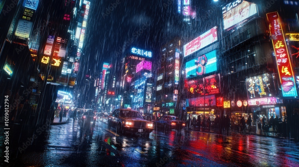 A bustling city street at night with neon signs and rain. A bustling city street at night with neon signs and rain.