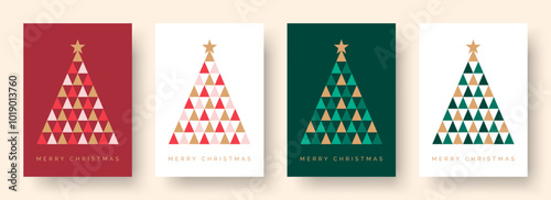 Christmas Card Vector Design Template. Set of Christmas Card Designs with Geometric Christmas Tree Illustration. Merry Christmas Greeting Card Concepts