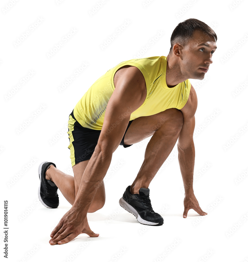 Sportsman in starting position for run on white background Sportsman in starting position for run on white background