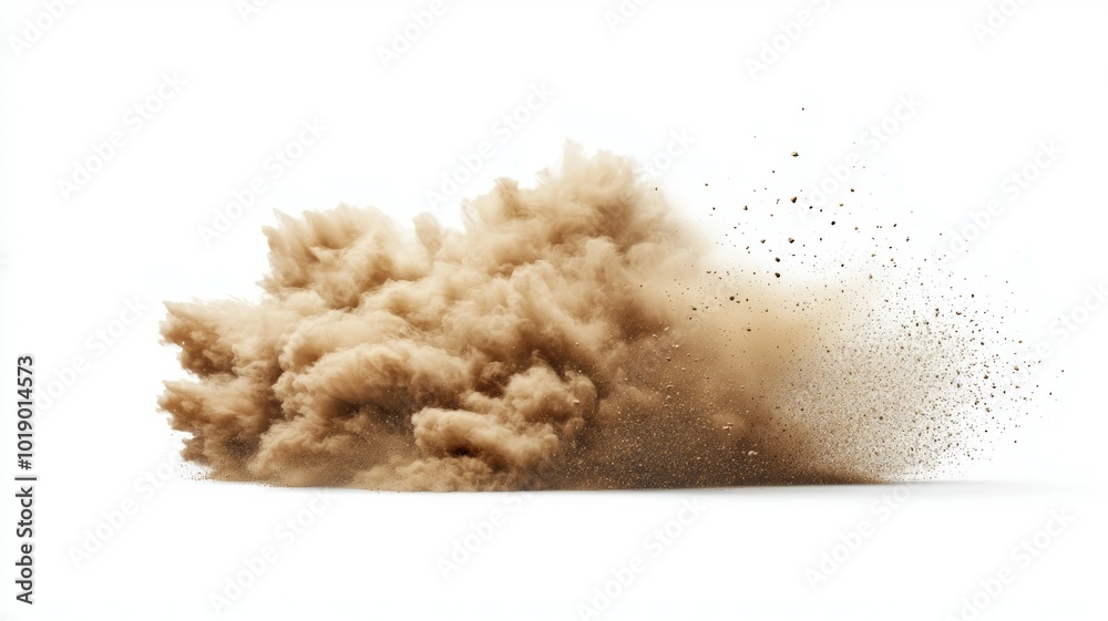 Dust cloud forms dramatically as ground is disturbed during outdoor construction on a clear day Dust cloud forms dramatically as ground is disturbed during outdoor construction on a clear day