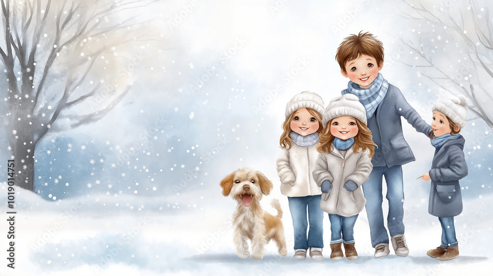 Smiling children with dog in snowy winter park illustration
Smiling children with dog in snowy winter park illustration