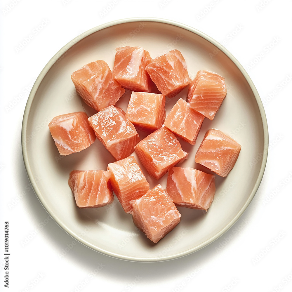 Square Chunks of Fresh Salmon Fish Meat on a Plate on Solid White Background Square Chunks of Fresh Salmon Fish Meat on a Plate on Solid White Background