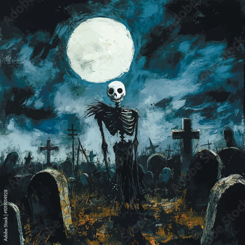 Halloween background in flat design, Halloween is October 31st. Halloween night, pumpkins, dark atmosphere. Halloween event with cemetery silhouette, bats and moonlit night. Vector illustration