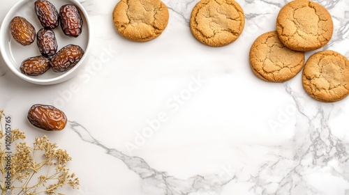 A beautifully arranged tabletop display for Ramadan showcases Arabic cookies, dates, and a coffee cup on a wooden platter against a marble background