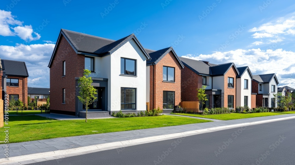A row of houses with a white house in the middle A row of houses with a white house in the middle