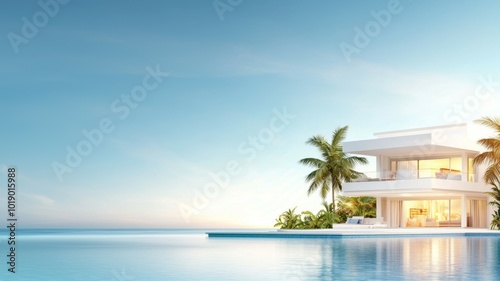 A large white house with a pool and palm trees in the background