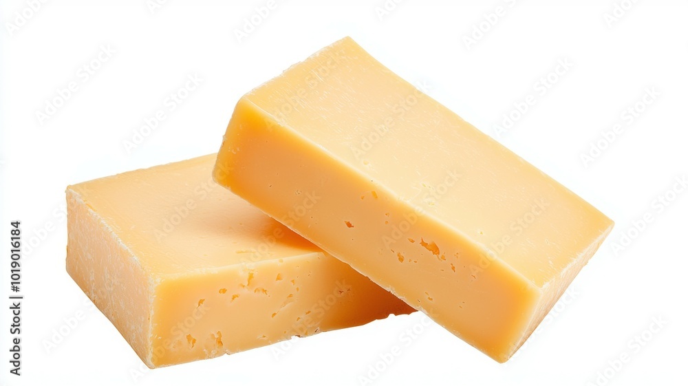 Two blocks of orange cheddar cheese stacked on top of each other against a white background Two blocks of orange cheddar cheese stacked on top of each other against a white background