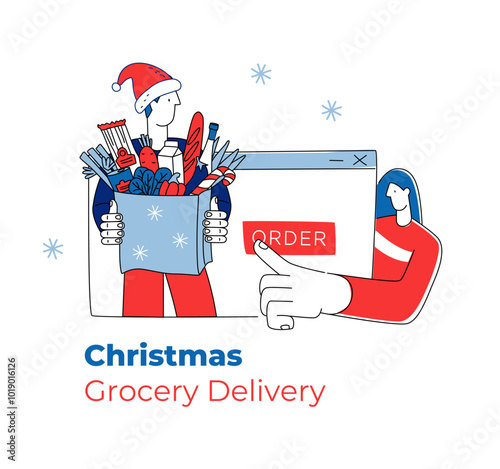 Festive vector illustration convenience of ordering Christmas groceries online with delivery.