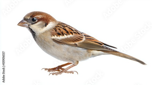 A house sparrow standing on a white surface, showcasing its distinctive plumage and curious demeanor