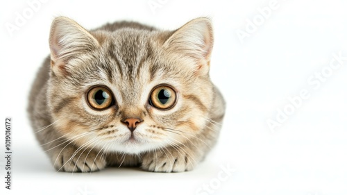 Curious cat with large eyes crouching on a white surface during daylight