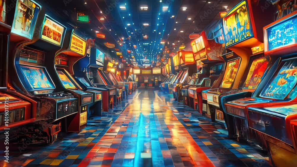 A vibrant interior of a retro arcade filled with classic 80s video game ...