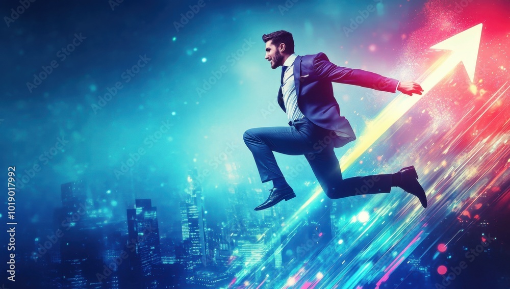 A man in a suit jumping over an upward-pointing arrow, against a blue background with silhouettes of a cityscape Generative AI A man in a suit jumping over an upward-pointing arrow, against a blue background with silhouettes of a cityscape Generative AI