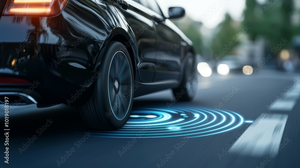 A sleek black car drives over a road with innovative projection technology illuminating the surface beneath it