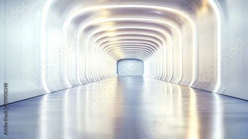 A sleek modern corridor with bright lighting leading to a well-lit exit in a futuristic building