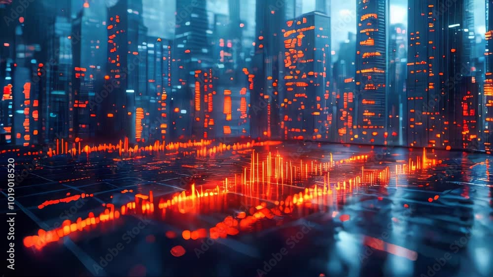 Description: A futuristic cityscape with glowing red digital data points, representing technology, AI, or big data analytics. Perfect for technology, finance, or digital innovation themes Description: A futuristic cityscape with glowing red digital data points, representing technology, AI, or big data analytics. Perfect for technology, finance, or digital innovation themes