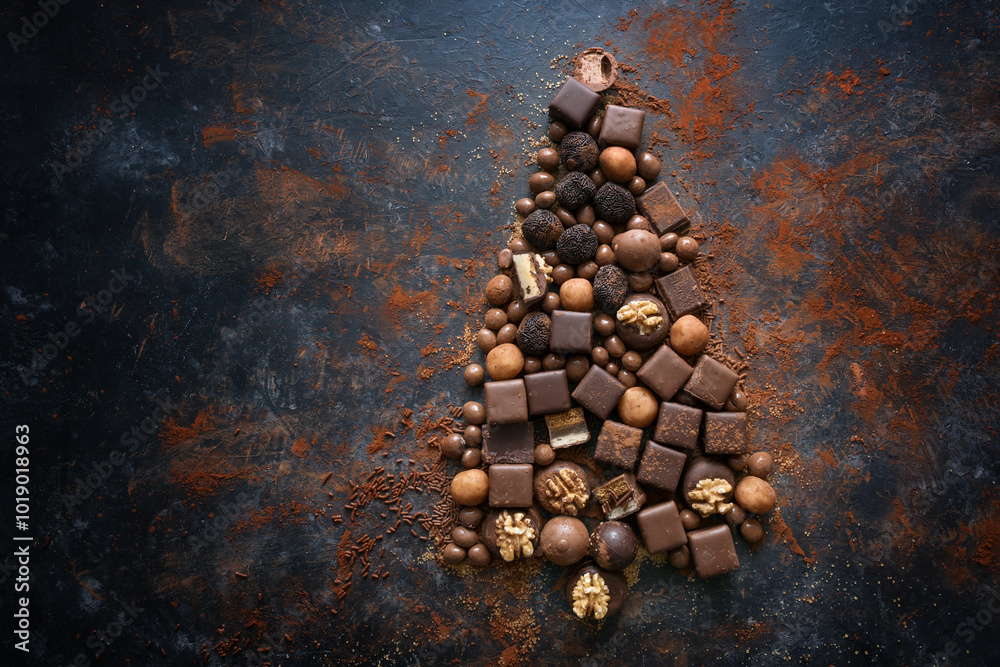 Chocolate and pralines laid in the shape of a Christmas tree on a dark slate background, seasonal holiday sweets, top view from above, copy space, selected focu