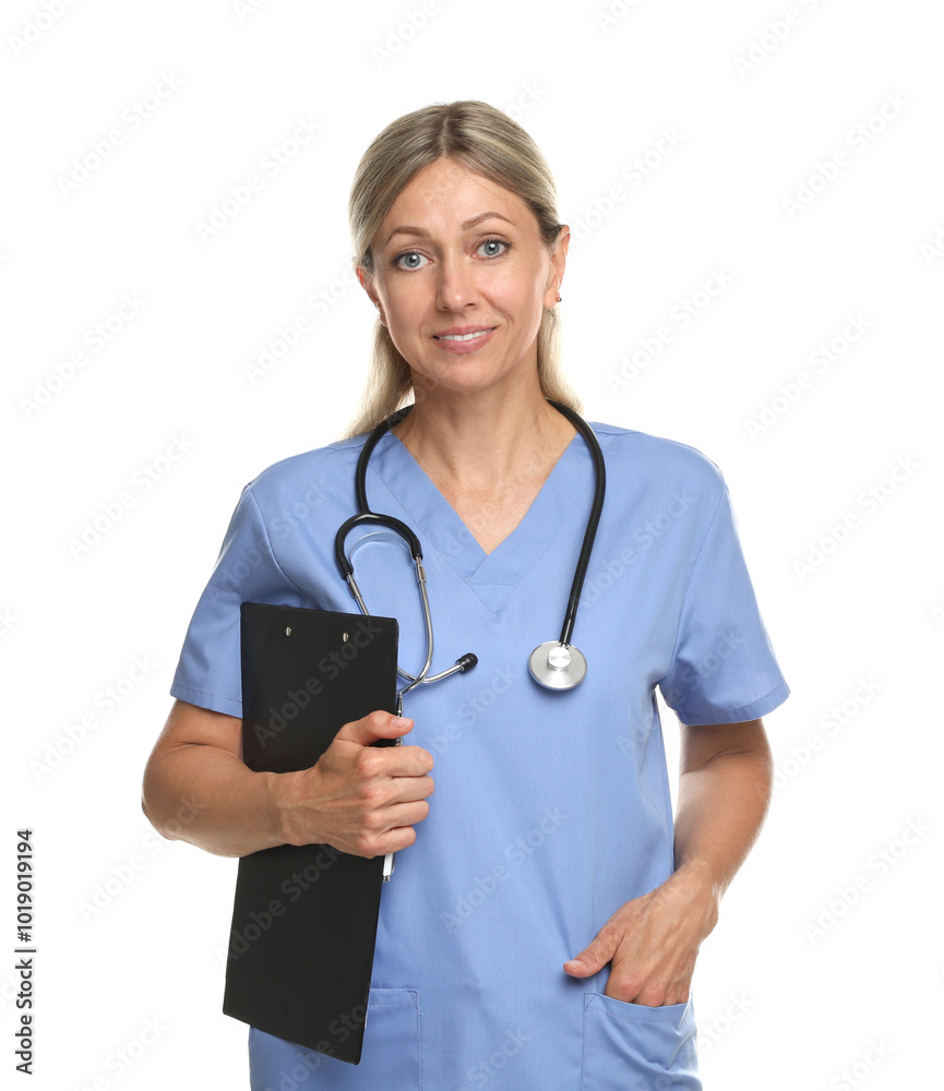 Doctor in medical uniform with clipboard and stethoscope isolated on white Doctor in medical uniform with clipboard and stethoscope isolated on white