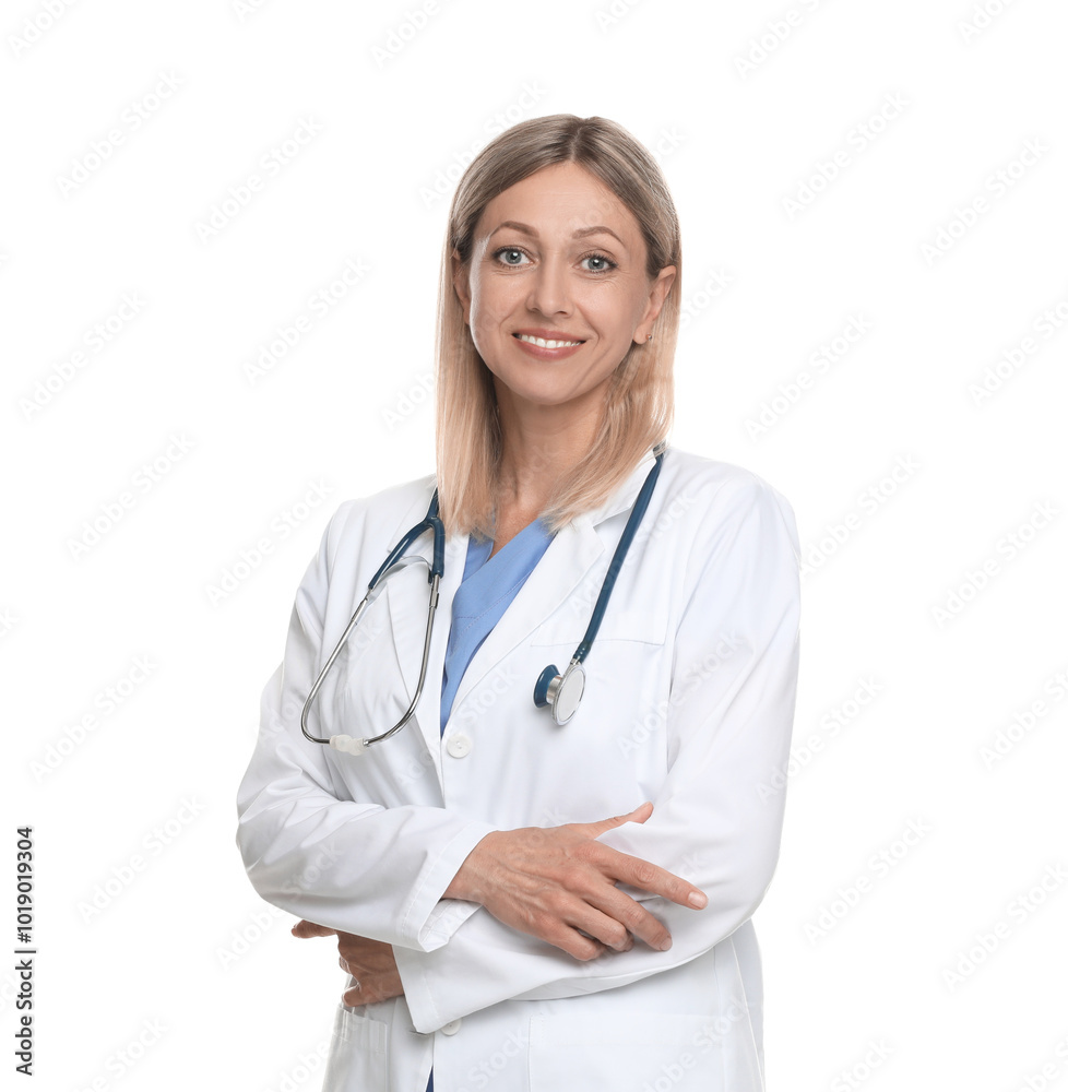 Portrait of doctor in medical uniform with stethoscope isolated on white Portrait of doctor in medical uniform with stethoscope isolated on white