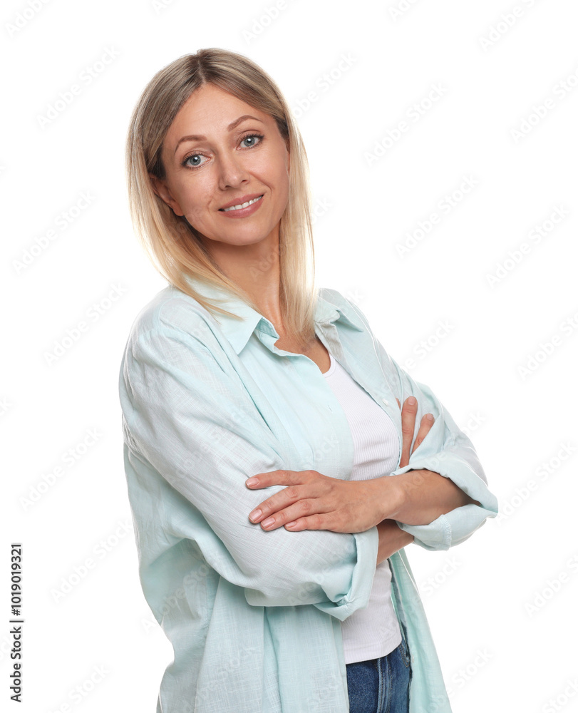 Portrait of beautiful smiling woman isolated on white Portrait of beautiful smiling woman isolated on white