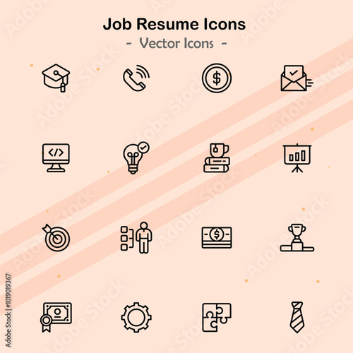 Icons representing themes related to job resumes and applications.