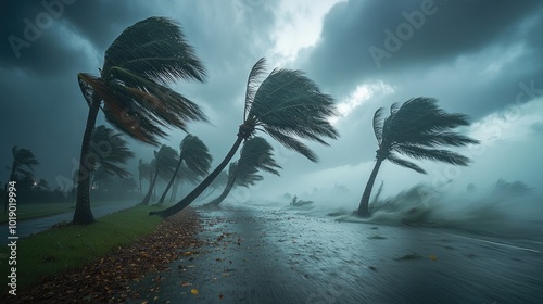 Fierce Tropical Storm with Strong Winds Bending Palm Trees and Heavy Rain on Coastal Road