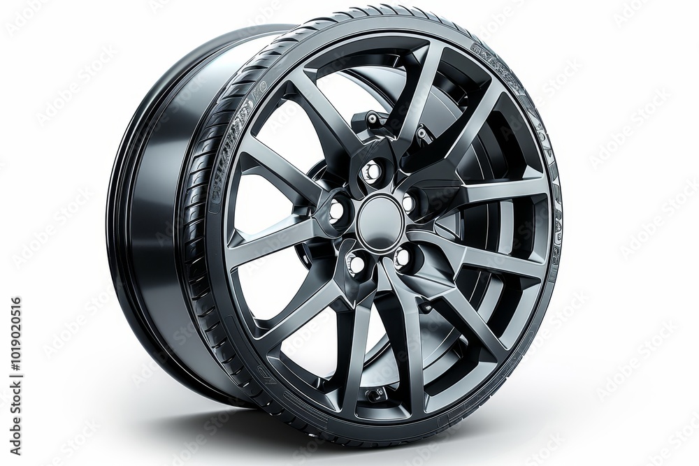 Obraz premium Aluminum alloy wheel and car rim displayed on a clean white background for automotive appeal