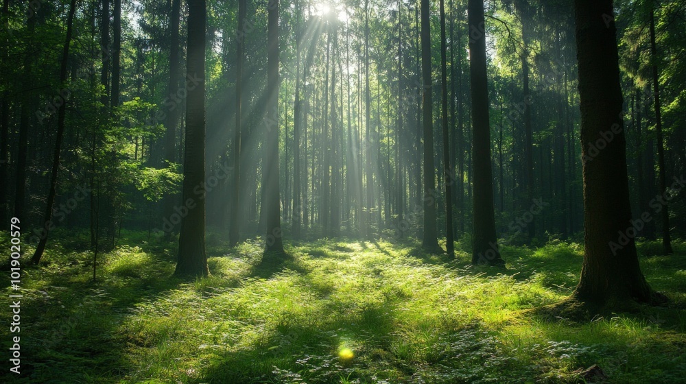 Sunbeams pierce through the dense canopy of a lush forest, illuminating the mossy forest floor. Sunbeams pierce through the dense canopy of a lush forest, illuminating the mossy forest floor.