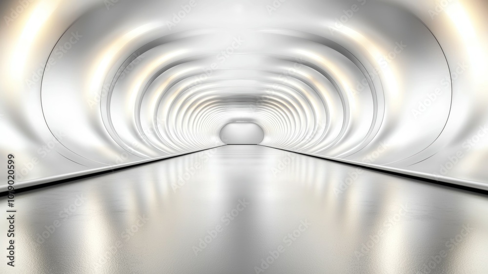 Modern architectural design of a bright, minimalistic tunnel with a smooth floor and illuminated walls