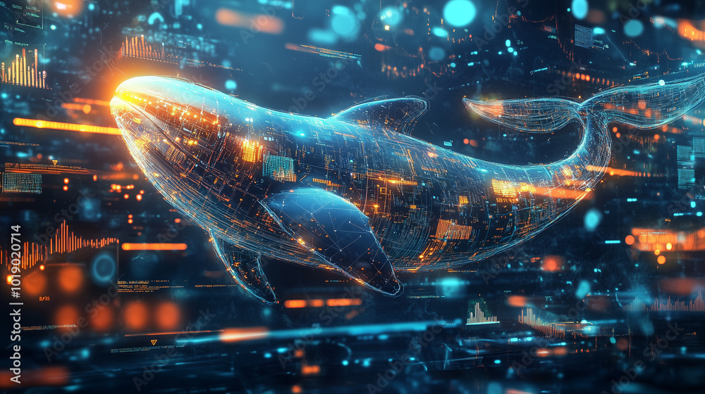 Digital Whale Representing Crypto Wealth Amidst Financial Data Digital Whale Representing Crypto Wealth Amidst Financial Data
