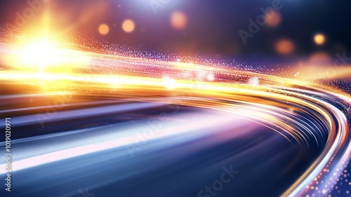 Dynamic light trails weave through a winding road during nighttime, showcasing vivid colors and motion effects