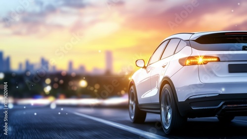 A luxury car driving along an urban road at sunset with a city skyline in the background and glowing lights