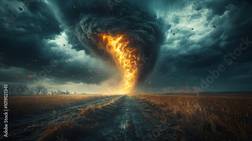 dark tornado cloud looms ominously over the landscape, symbolizing nature's raw power and unpredictability. The swirling storm embodies destruction, chaos, and the unstoppable force of weather
