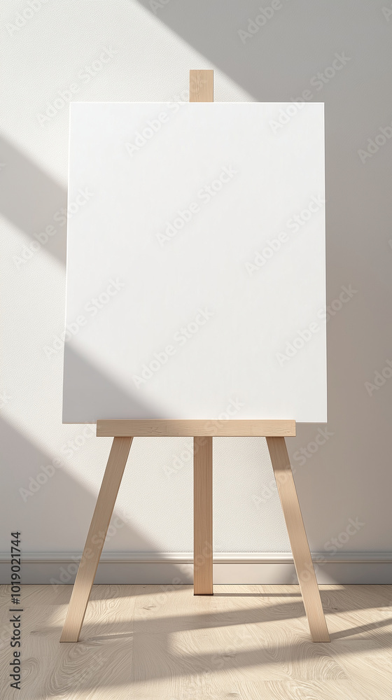 Large Blank White Canvas on Wooden Easel with Soft Shadows in Minimalist Studio Large Blank White Canvas on Wooden Easel with Soft Shadows in Minimalist Studio