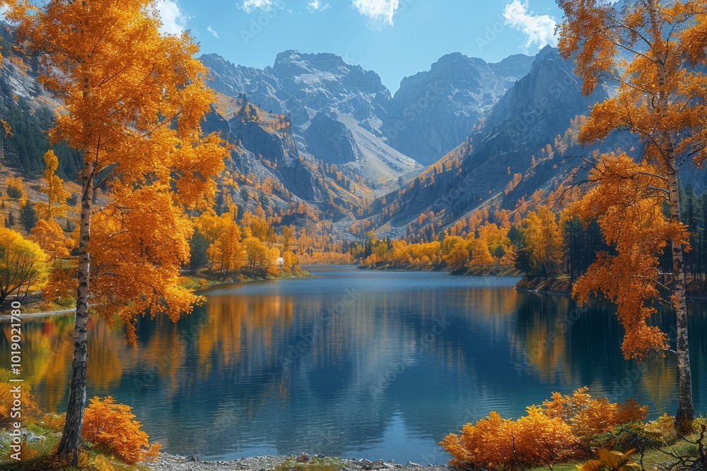 Obraz premium Scenic autumn landscape of lake kolsai in kazakhstan s almaty region with vibrant foliage