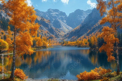 Scenic autumn landscape of lake kolsai in kazakhstan s almaty region with vibrant foliage photo