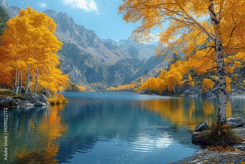 Stunning autumn landscape of lake kolsai nestled in the almaty region of kazakhstan s beauty photo