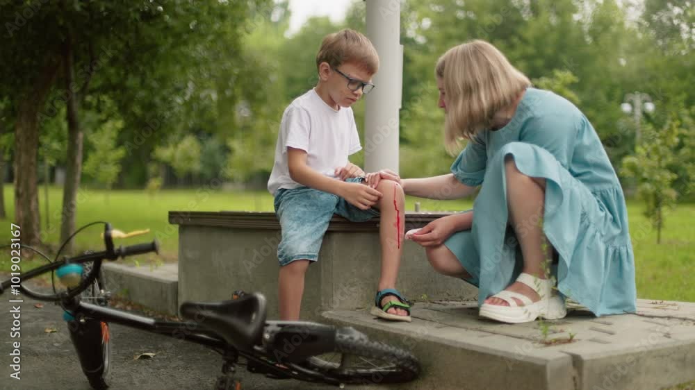 A mother kneels in front of her child, cleaning a bloodied wound on his knee with a tissue, the child sits on a step, looking unhappy A mother kneels in front of her child, cleaning a bloodied wound on his knee with a tissue, the child sits on a step, looking unhappy
