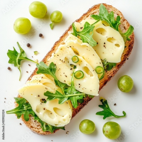 cheese slices, rucola and cebolime on top of a toast, some green grapes arround, on a white background photo